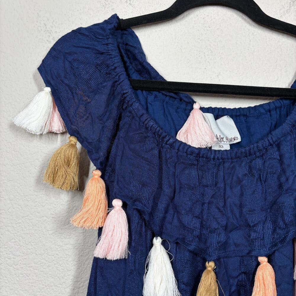 Chloe Oliver XS Palm Beach Tassel Off The Shoulder Summer Boho Dress Navy Rayon - Picture 5 of 9